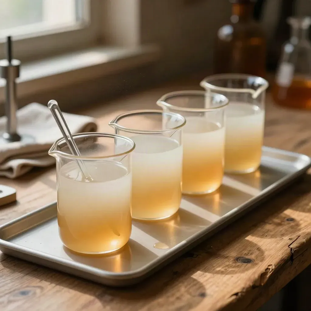 Amber resin samples, blend cups and a stir rod on an oak workbench in warm window light.