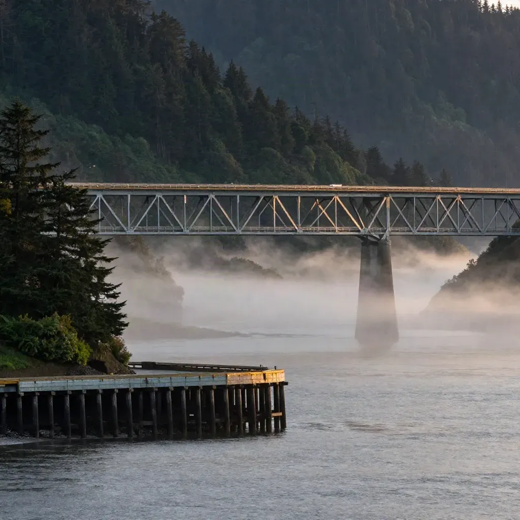 Misty Pacific Northwest coast with cedar hills, a steel bridge, and calm estuary water at blue hour.