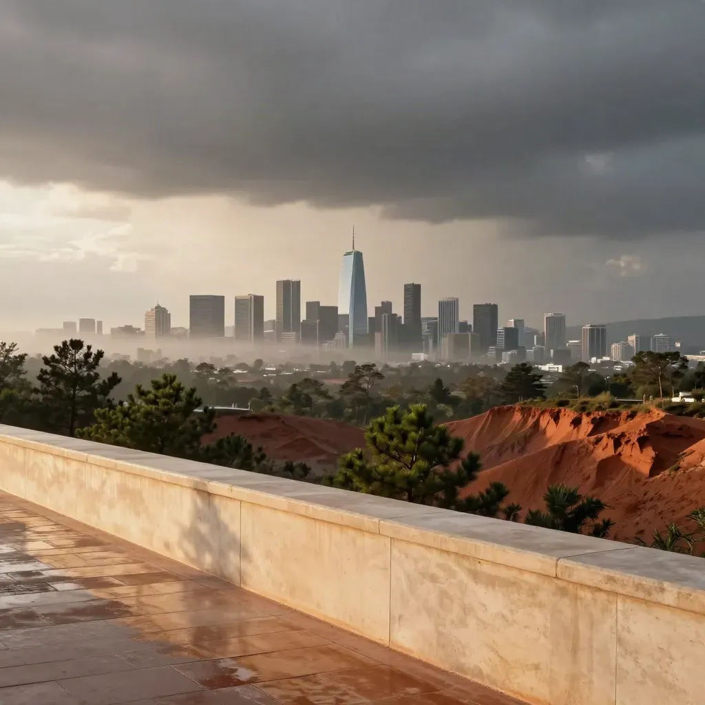 Southeast skyline above pine canopy and red-clay ridges at humid dusk after rain